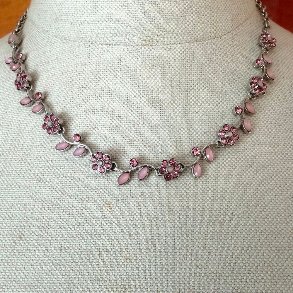 Pink Rhinestone Floral Vine Silver Tone Necklace